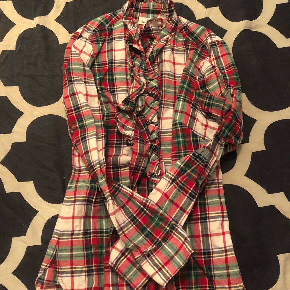 Vineyard Vines ruffle front plaid button down